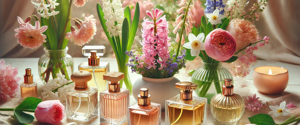 نمایش زیبای عطرهای بهاری در میان گل‌های شکوفا مانند سنبل، لاله و یاس، نماد طراوت و عطر خوش بهار در جشن نوروز