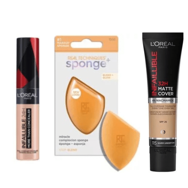 600 (18) پکیج آرایشی(کانسیلر لورال اینفالیبل 24 ساعته،پد تک عددی +Sponge ریل تکنیک،کرم پودر تیوپی لورآل اینفالیبل مدل مات) - تصویر 1