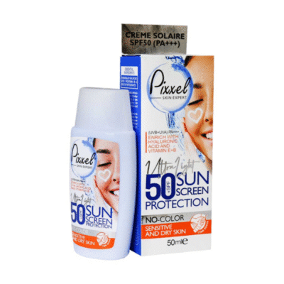تصویر کرم ضد آفتاب بدون رنگ پیکسل SPF50 مناسب پوست‌های خشک، نرمال و حساس با بافت سبک و مرطوب‌کننده برای محافظت بالا در برابر اشعه‌های UVA و UVB