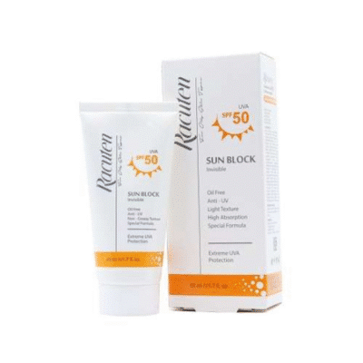 تصویر کرم ضد آفتاب بدون رنگ فاقد چربی راکوتن SPF50 با بافت سبک و جذب سریع برای محافظت قوی از پوست در برابر اشعه‌های UVA و UVB، مناسب پوست چرب و مختلط