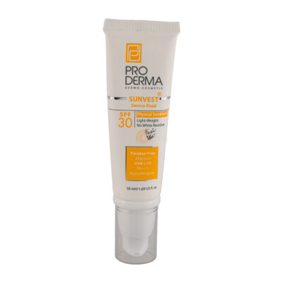 تصویر فلوئید ضد آفتاب فیزیکال (مینرال) بی‌رنگ پرودرما SPF30 حجم ۵۰ میلی‌لیتر فاقد جاذب‌های شیمیایی، مناسب برای پوست‌های معمولی و حساس با محافظت مؤثر در برابر اشعه‌های UVA و UVB