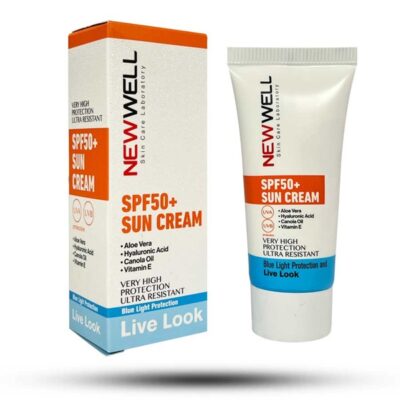 تصویر کرم ضد آفتاب نیوول Newwell با SPF50+ برای محافظت قوی از پوست در برابر اشعه‌های UVA و UVB و جلوگیری از تیرگی و پیری زودرس پوست