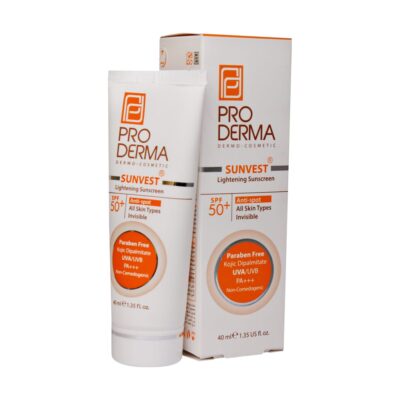 تصویر کرم ضد آفتاب بی‌رنگ پرودرما SPF50 حجم ۴۰ میلی‌لیتر با فرمول روشن‌کننده برای کاهش لک‌های پوستی و محافظت مؤثر در برابر اشعه‌های مضر آفتاب