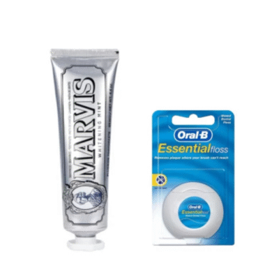 تصویر پکیج مراقبت از دندان شامل خمیردندان سفیدکننده مارویس مدل Whitening و نخ دندان اورال‌بی مدل Essential Floss برای پاکیزگی کامل دهان و دندان و حفظ سفیدی طبیعی دندان‌ها