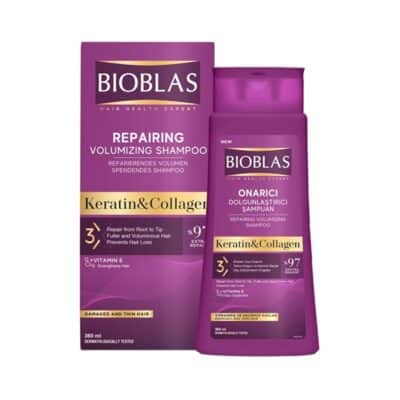 تصویر شامپو ضد ریزش و حجم‌دهنده بیوبلاس مدل Keratin & Collagen حجم ۳۶۰ میلی‌لیتر حاوی کراتین و کلاژن برای تقویت، افزایش حجم و لطافت موها