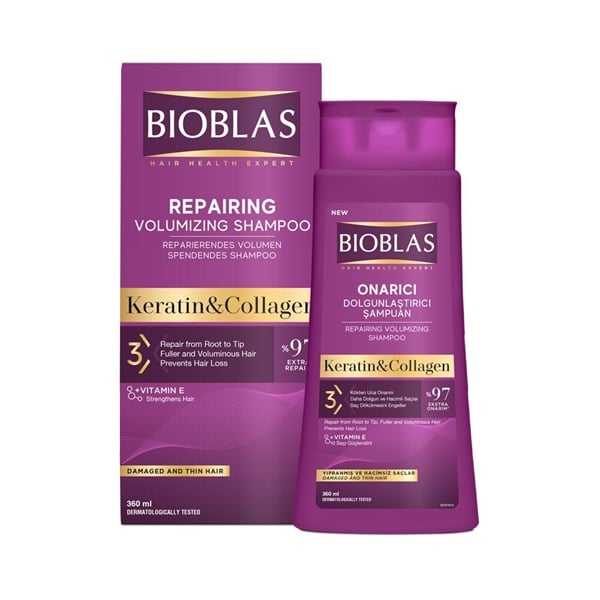 شامپو ضد ریزش و حجمدهنده بیوبلاس مدل Keratin & Collagen حجم ۳۶۰ میلیلیتر تصویر شامپو ضد ریزش و حجمدهنده بیوبلاس مدل Keratin & Collagen حجم ۳۶۰ میلیلیتر حاوی کراتین و کلاژن برای تقویت، افزایش حجم و لطافت موها